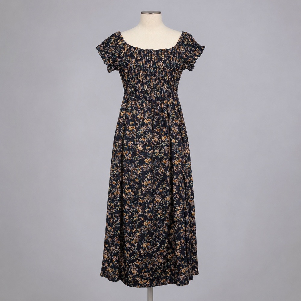 Floral Smocked Side Slit Maxi Dress Size L Black Cottagecore Fairy Grunge Boho